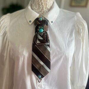 Custom designed Elegant Brown and turquoise Striped Tie with Turquoise brooches.